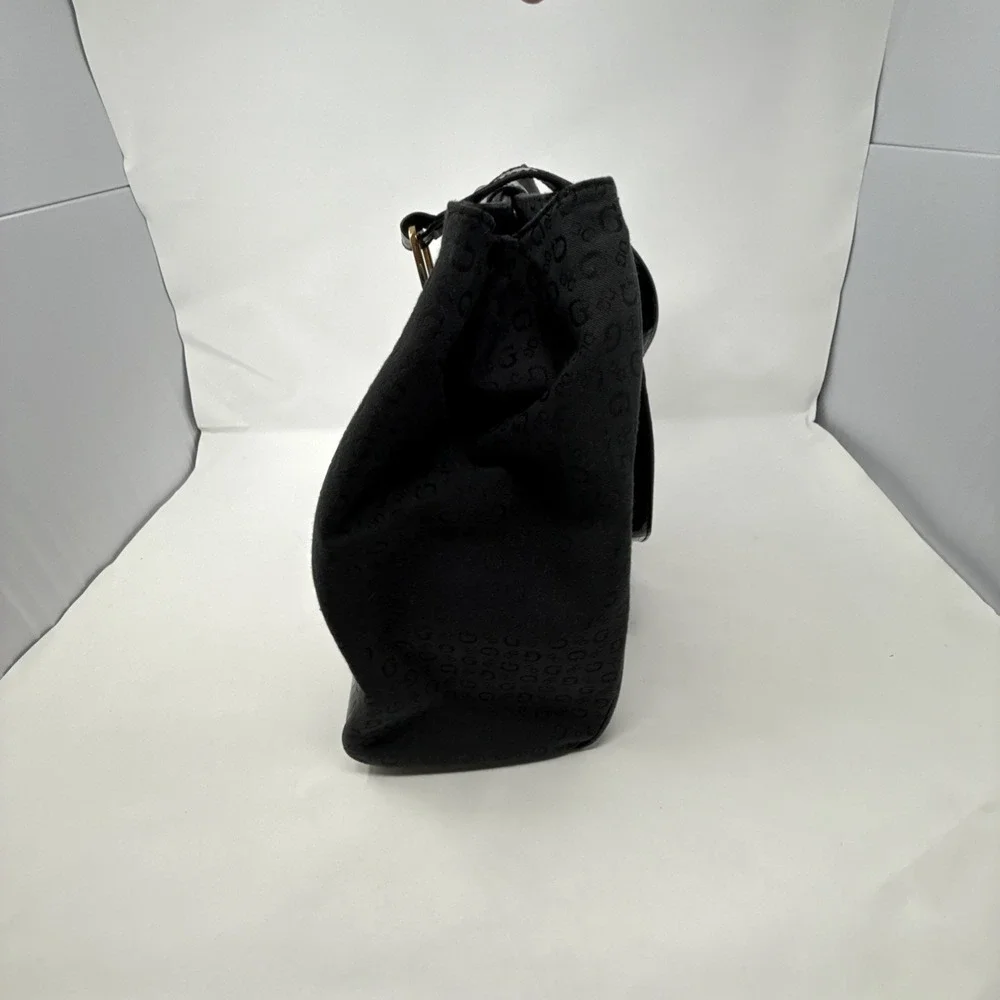 Guess Black Monogrammed Shoulder Bag Buckle‎ Detail Faux Croc Trim Satchel Y2K